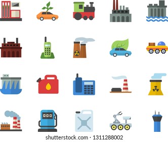 Color flat icon set gas station flat vector, refueling, factory, hydroelectric power, plant, canister, eco cars, telephone, nuclear, lunar rover, train fector, airport tower