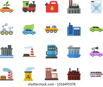 Color flat icon set gas station flat vector, refueling, factory, hydroelectric power, plant, canister, eco cars, electric, telephone, nuclear, lunar rover, train fector