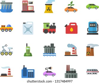 Color flat icon set gas station flat vector, refueling, factory, hydroelectric power, plant, canister, eco cars, electric, telephone, nuclear, lunar rover, train fector