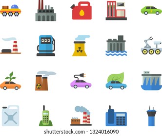 Color flat icon set gas station flat vector, refueling, factory, hydroelectric power, plant, canister, eco cars, electric, telephone, nuclear, lunar rover, airport tower fector