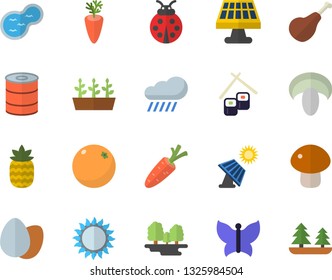 Color flat icon set gas flat vector, ham, egg, canned food, mushroom, carrot, fish rolls, pineapple, orange, ladybird, seedlings, butterflies, rain, pond, solar battery, forest