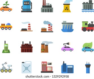 Color flat icon set gas station flat vector, refueling, factory, hydroelectric power, plant, canister, eco cars, electric, telephone, nuclear, lunar rover, train fector, airport tower