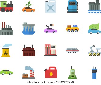 Color flat icon set gas station flat vector, refueling, factory, hydroelectric power, plant, canister, eco cars, electric, telephone, nuclear, lunar rover, train fector, airport tower