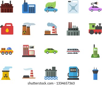 Color flat icon set gas station flat vector, refueling, factory, hydroelectric power, plant, canister, eco cars, electric, telephone, nuclear, lunar rover, train fector, airport tower