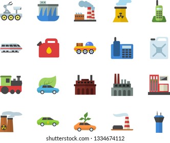 Color flat icon set gas station flat vector, factory, hydroelectric power, plant, canister, eco cars, electric, telephone, nuclear, lunar rover, train fector, airport tower