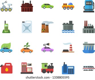 Color flat icon set gas station flat vector, refueling, factory, hydroelectric power, plant, canister, eco cars, electric, telephone, nuclear, lunar rover, train fector