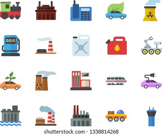Color flat icon set gas station flat vector, refueling, factory, hydroelectric power, plant, canister, eco cars, electric, telephone, nuclear, lunar rover, train fector, airport tower
