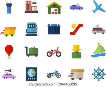 Color flat icon set gas station flat vector, refueling, accumulator, electric cars, autopilot, express delivery, sailboat, warehouse, ambulance, bicycle, aircraft fector, escalator, airport tower