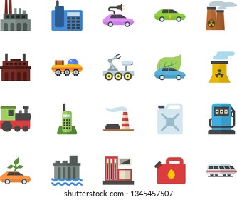 Color flat icon set gas station flat vector, refueling, factory, hydroelectric power, plant, canister, eco cars, electric, telephone, nuclear, lunar rover, train  