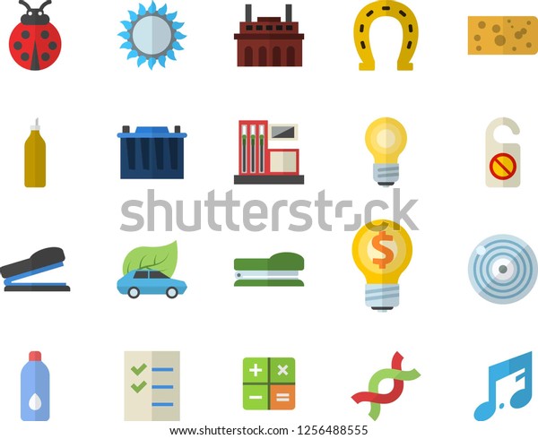 Color flat icon set gas flat vector, cheese,\
mustard, ladybird, horseshoe, station, accumulator, plant, eco\
cars, idea, calculator, DNA, to do list, stapler, bulb, water, not\
disturb fector, target