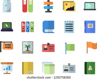 Color flat icon set glass bottles flat vector, signboard, flag, notebook, chart, badge, sticker, folder, laptop, book, notepad, textbook, photo fector, pointer, gallery