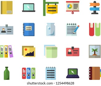 Color flat icon set glass bottles flat vector, signboard, notebook, chart, badge, sticker, folder, laptop, book, notepad, photo fector, pointer, gallery