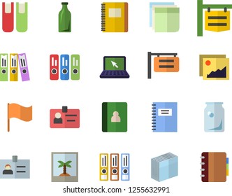 Color flat icon set glass bottles flat vector, signboard, flag, badge, sticker, folder, laptop, book, notebook, folders for papers, photo fector, gallery