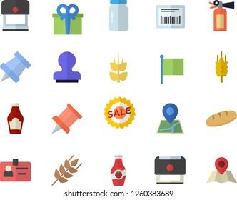 Color flat icon set glass jar flat vector, ketchup, ear, bread, flag, present, sell out, barcode, badge, stamp, pushpin, fire extinguisher, location
