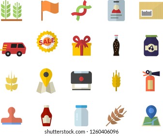 Color flat icon set glass jar flat vector, ketchup, ear, lemonade, jam, location, flag, present, sell out, trucking, barcode, DNA, stamp, badge, fire extinguisher