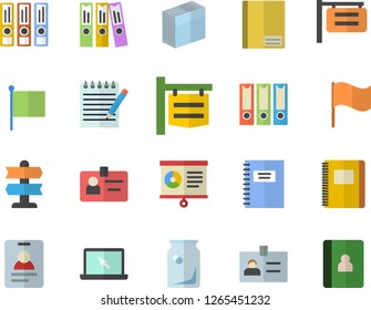 Color flat icon set glass bottles flat vector, signboard, flag, notebook, chart, badge, sticker, folder, laptop, notepad, folders for papers, pointer fector