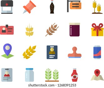 Color flat icon set glass jar flat vector, ear, lemonade, jam, ketchup, signboard, location, present, badge, pushpin, stamp
