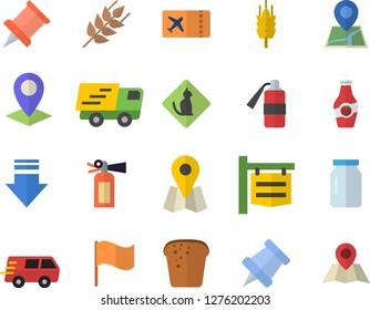 Color flat icon set glass jar flat vector, ear, bread, ketchup, signboard, location, flag, trucking, pushpin, ticket fector, pets allowed, download, fire extinguisher
