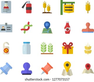 Color flat icon set glass jar flat vector, ketchup, ear, signboard, location, present, DNA, stamp, pushpin, do not disturb fector, badge, fire extinguisher