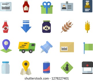 Color flat icon set glass jar flat vector, ketchup, ear, lemonade, jam, location, flag, present, trucking, barcode, badge, pushpin, pets allowed fector, download, stamp