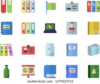 Color flat icon set glass bottles flat vector, flag, notebook, chart, badge, sticker, folder, laptop, book, textbook, folders for papers