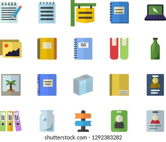 Color flat icon set glass bottles flat vector, signboard, notebook, badge, sticker, folder, laptop, book, notepad, textbook, photo fector, pointer, pass, gallery