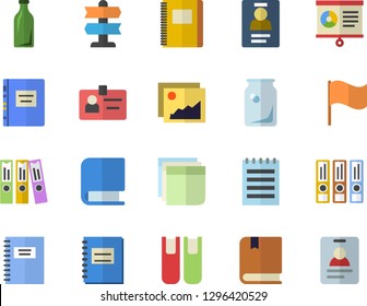 Color flat icon set glass bottles flat vector, flag, notebook, chart, badge, sticker, folder, book, notepad, textbook, folders for papers, pointer fector, gallery