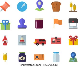 Color flat icon set glass jar flat vector, bread, jam, ketchup, ear, location, flag, present, trucking, sperm, badge, stamp, pushpin, ticket fector