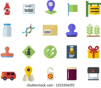 Color flat icon set glass jar flat vector, jam, ketchup, signboard, location, flag, present, trucking, barcode, DNA, sperm, badge, stamp, ear, pets allowed fector, do not disturb