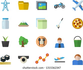 Color flat icon set glass jar flat vector, table setting, pizza, fish rolls, home plant, tree, bucketful, power line support, person, scatter chart, computer file, sticker, motorcycle fector, golf