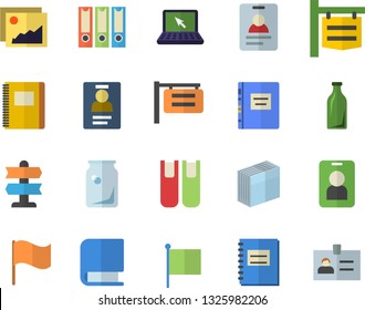 Color flat icon set glass bottles flat vector, signboard, flag, notebook, badge, sticker, laptop, book, textbook, folders for papers, pointer fector, pass, gallery