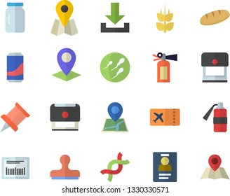 Color flat icon set glass jar flat vector, bread, lemonade, ear, location, barcode, DNA, sperm, badge, stamp, pushpin, ticket fector, download, fire extinguisher