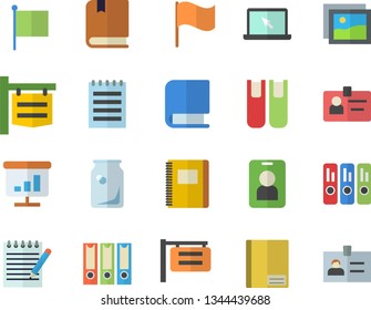 Color flat icon set glass bottles flat vector, signboard, flag, notebook, chart, badge, folder, laptop, book, notepad, textbook, folders for papers, pass fector, gallery