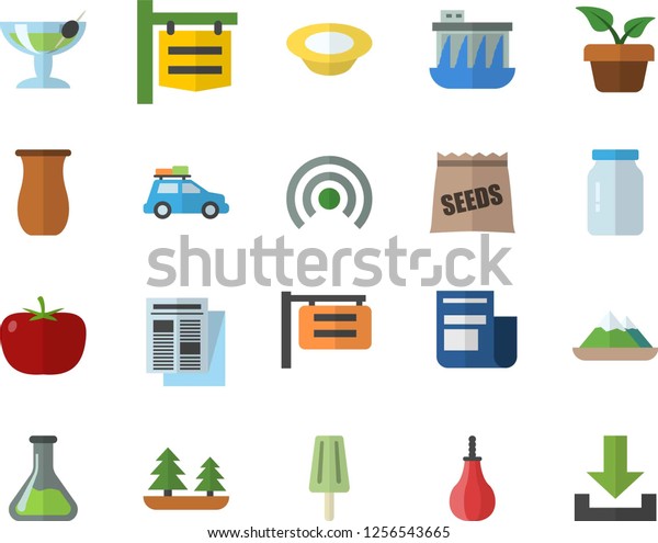 Color flat icon set glass jar flat vector,\
jugful, tomato, dish, ice cream, seeds, home plant, chemistry,\
forest, hydroelectric power station, signboard, news, sports pear,\
car fector, cocktail
