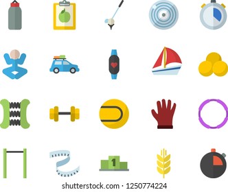 Color flat icon set gloves flat vector, sailboat, dumbbell, pedestal, diet, centimeter, carpal expander, parallel bars, sports pear, tennis ball, pills, yoga, fitness bracelet, hoop, car fector