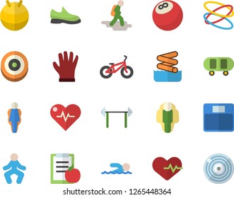 Color flat icon set gloves flat vector, barbell, sneakers, bowling ball, skateboard, heartbeat, diet, weighing machine, bicycle, fitball, target, swimming, gymnastics, hoop, size, lose weight