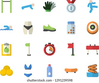 Color flat icon set gloves flat vector, medal, sneakers, skateboard, diet, waistline, vitamins, stopwatch, parallel bars, sports equipment horse, flag, swimsuit, target, pills, swimming, gymnastics