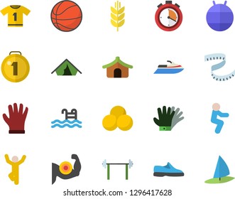 Color flat icon set gloves flat vector, barbell, medal, sneakers, basketball, centimeter, muscles, stopwatch, fitball, sport T shirt, pills, squats, gymnastics, pool, tent fector, water scooter