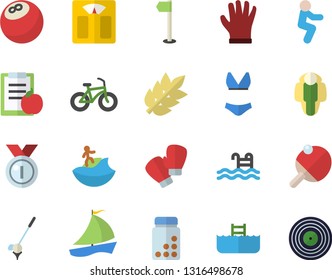 Color flat icon set gloves flat vector, sailboat, medal, bowling ball, diet, weighing machine, bicycle, vitamins, sports flag, boxing, swimsuit, squats, pool, lose weight, table tennis, golf, target