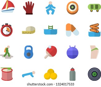 Color flat icon set gloves flat vector, sailboat, weight, skateboard, centimeter, buttocks, stopwatch, sports pear, fitball, target, pills, gymnastics, push up, steroids, table tennis, hike fector
