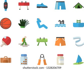 Color flat icon set gloves flat vector, sneakers, basketball, centimeter, vitamins, carpal expander, sports equipment horse, athletic shorts, swing press, pool, fitness bracelet, table tennis, tent