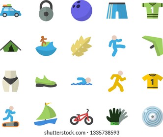Color flat icon set gloves flat vector, sailboat, weight, sneakers, bowling ball, waistline, bicycle, athletic shorts, sport T shirt, Treadmill, swimming, gymnastics, run, car fector, hang glider