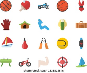 Color flat icon set gloves flat vector, sailboat, target, basketball, muscles, bicycle, carpal expander, sports equipment horse, pear, tennis ball, swimsuit, swing press, fitness bracelet, table
