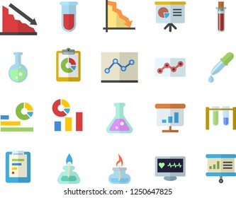 Color flat icon set graphic report flat vector, crisis, statistics, pipette, blood test, computer diagnostics of health, chart, point diagram, flask, gas burner, beakers, presentaition board