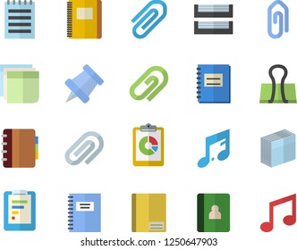 Color flat icon set graphic report flat vector, notebook, clip, sticker, paper tray, notepad, pushpin, binder, note