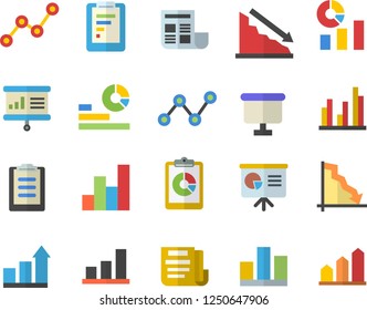Color flat icon set graphic report flat vector, crisis, statistics, scatter chart, flipchart, clipboard, statistic, document, presentaition board, achievement