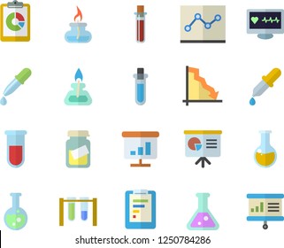 Color flat icon set graphic report flat vector, crisis, pipette, blood test, computer diagnostics of health, medical analysis, chart, point diagram, flask, gas burner, beakers, presentaition board