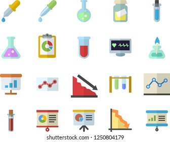 Color flat icon set graphic report flat vector, crisis, pipette, blood test, computer diagnostics of health, medical analysis, chart, point diagram, flask, gas burner, beakers, presentaition board