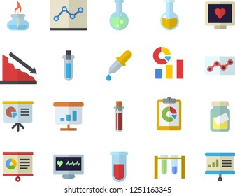 Color flat icon set graphic report flat vector, crisis, statistics, pipette, blood test, computer diagnostics of health, medical analysis, chart, point diagram, flask, gas burner, beakers