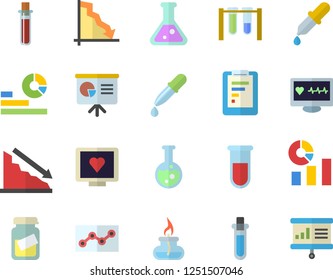 Color flat icon set graphic report flat vector, crisis, statistics, pipette, blood test, computer diagnostics of health, medical analysis, point diagram, flask, gas burner, beakers